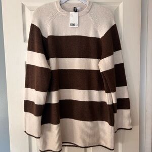 H&M Crewneck Sweater Dress in Brown and Cream Stripes large L NWT
